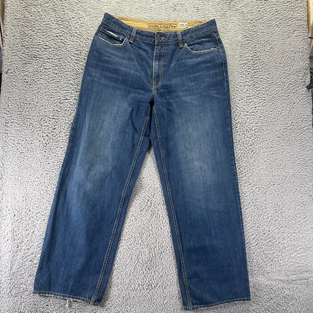 Vintage Plugg Jeans Mens 36x32 Blue Cotton Denim Straight Faded Whiskered Baggy